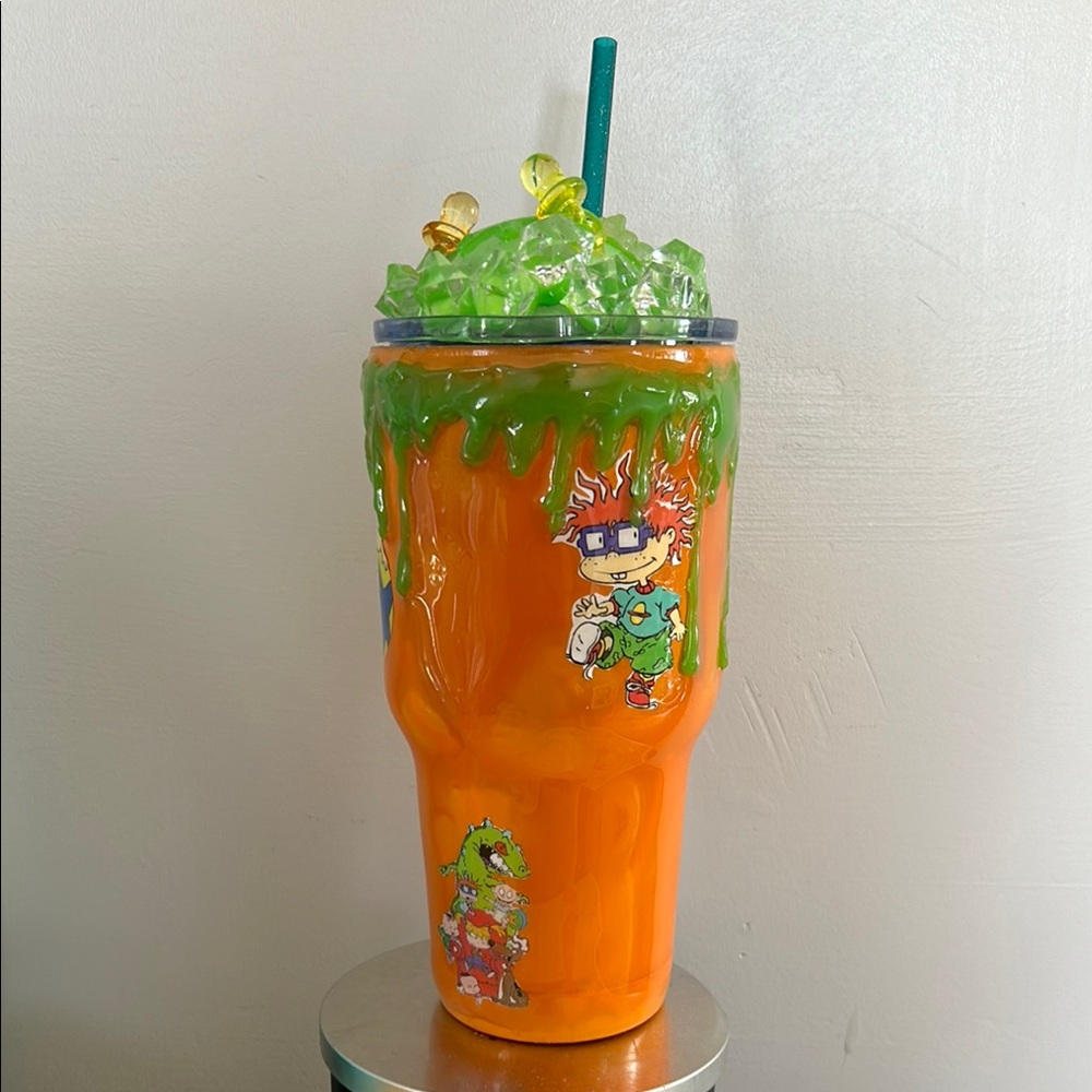 Orange Cartoon Tumbler with Green Lid